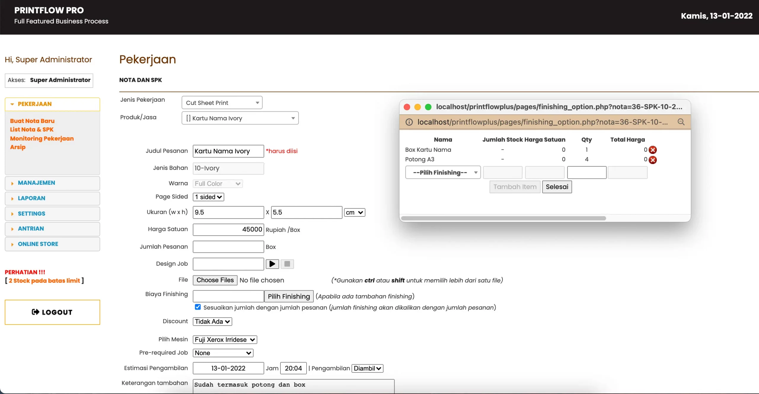 Pekerjaan - Nota dan SPK Digital - Form Tambah SPK